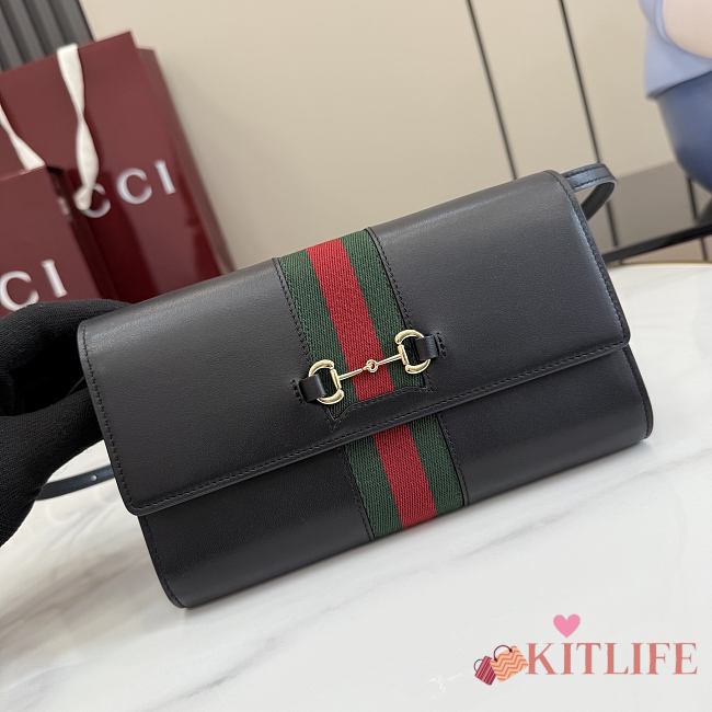 Kitlife Gucci Horsebit Web Wallet With Strap Black Leather 867120 21x12.5x4cm - 1