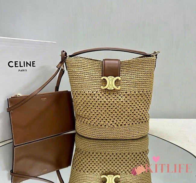 Kitlife Celine Medium Louise Bucket In Raffia Aand Calfskin in Natural/Tan 123152 23.5x24x16cm - 1