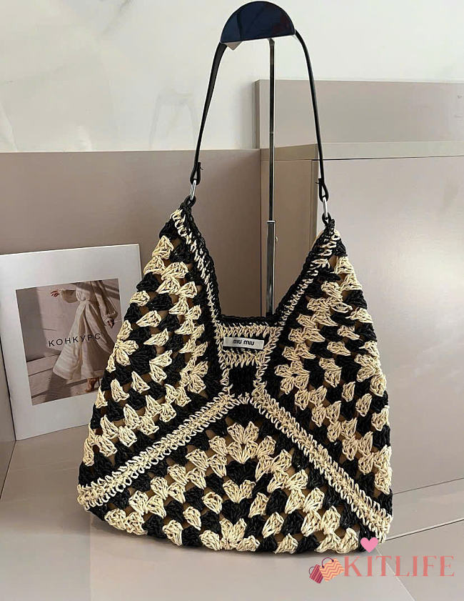 Kitlife Miu Miu Ariel Raffia Hobo Bag Black Multicolor 54x36cm - 1