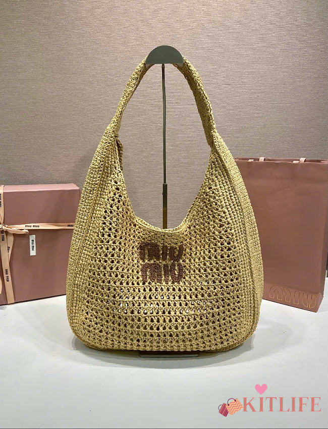 Kitlife Miu Miu Raffia Effect Woven Hobo Bag Beige 5BC164 42.5x32x9cm - 1