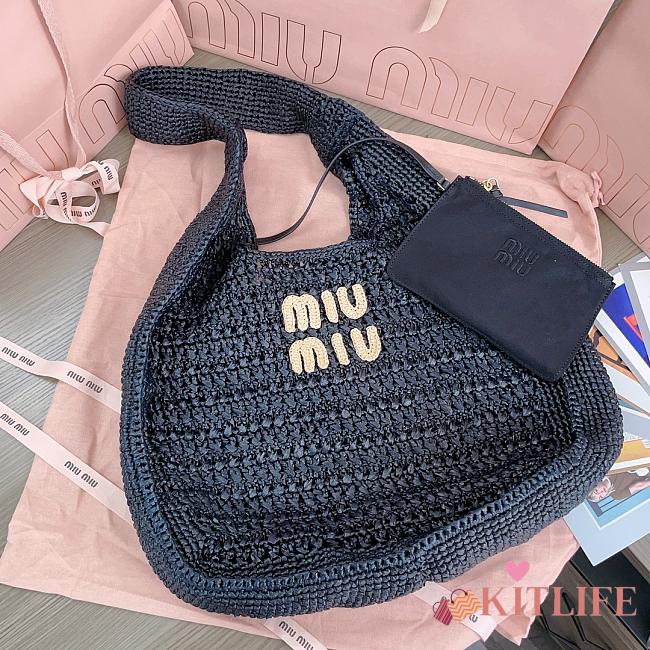 Kitlife Miu Miu Raffia Effect Woven Hobo Bag Black 5BC164 42.5x32x9cm  - 1