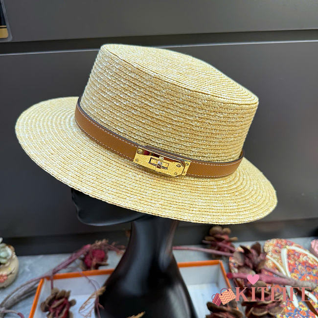Kitlife Hermes Straw Flat-top Hat Beige & Brown - 1