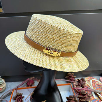 Kitlife Hermes Straw Flat-top Hat Beige & Brown