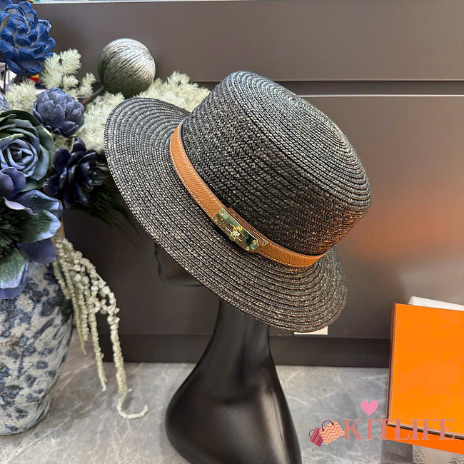 Kitlife Hermes Straw Flat-top Hat Black & Brown  - 1