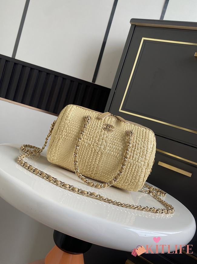 Kitlife Chanel 26P Bowling Bag Beige Braided Raffia & Gold-Tone Metal AS4474 11.5x18.5x11cm - 1
