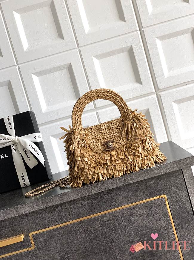 Kitlife Chanel Kelly Raffia Fringe, Wool & Gold-tone Metal Bag Dark Beige AS4416 13x19x7cm - 1