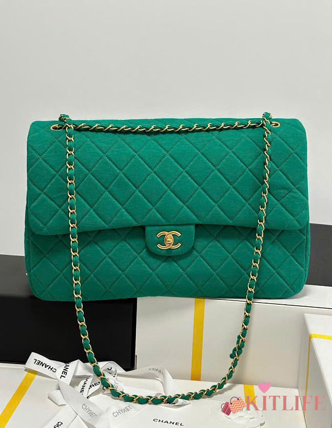 Kitlife Chanel Extra Large Classic Flap Bag Green Fabric 40x26x12cm - 1
