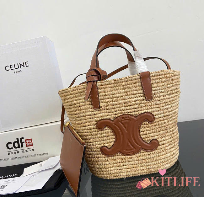 Kitlife Celine Teen Supple Panier Bag In Raffia And Tan Calfskin 115802 21.5x22x13cm - 1