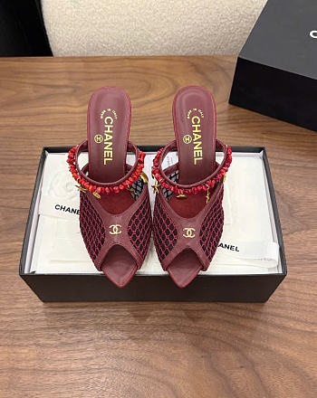 Kitlife Chanel Open-toe Shoes Burgundy Mesh fabric, Cotton, Sheepskin, High-grade resin & Metal 