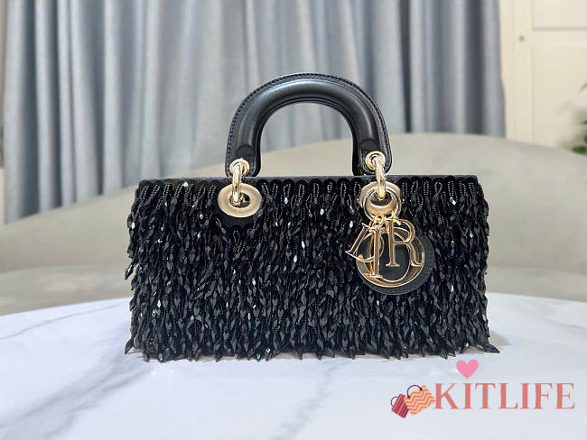 Kitlife Dior Lady D-Joy Small Embroidered Tassel Black Bag M0613 22x12x6cm  - 1