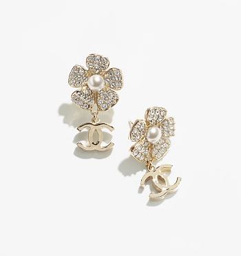 Kitlife Chanel Faux Pearl & Strass CC Flower Drop Earrings 