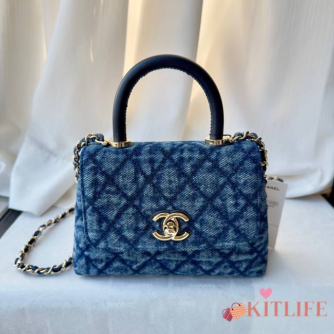 Kitlife Chanel 26p Coco Handle Handbag Black Denim With Classic Quilted Pattern AS4244 11.5x14.5x5.5cm - 1