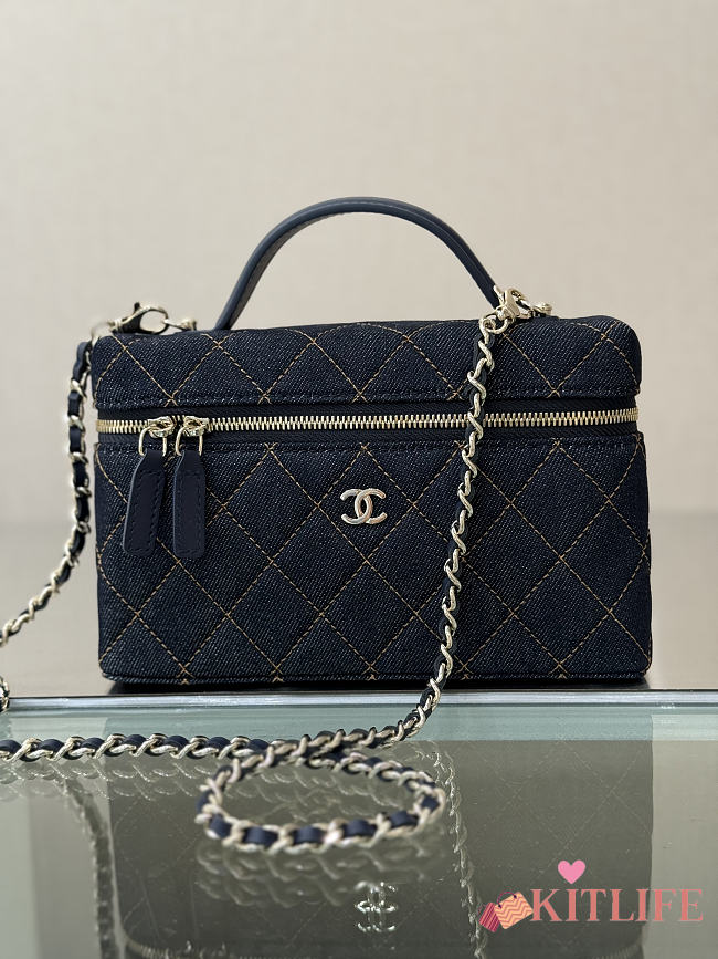 Kitlife Chanel Dark Blue Denim Quilted Top Handle Slim Vanity Case 19.5×17×5cm - 1