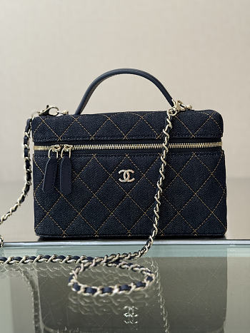 Kitlife Chanel Dark Blue Denim Quilted Top Handle Slim Vanity Case 19.5×17×5cm