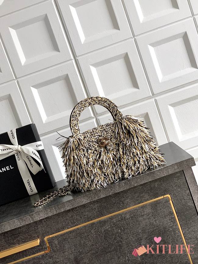 Kitlife Chanel Kelly Raffia Fringe Bag White, Black & Beige AS4416 13x19x7cm - 1
