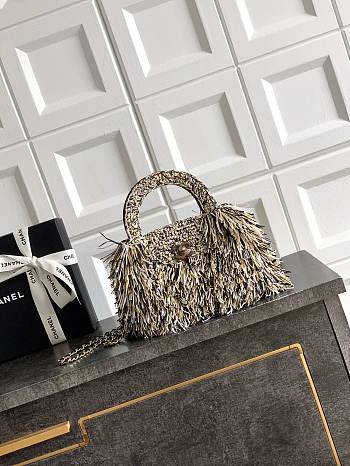 Kitlife Chanel Kelly Raffia Fringe Bag White, Black & Beige AS4416 13x19x7cm