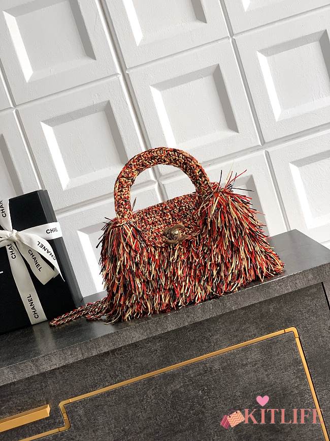 Kitlife Chanel Kelly Raffia Fringe Bag Red, Beige & Black AS4416 13x19x7cm  - 1