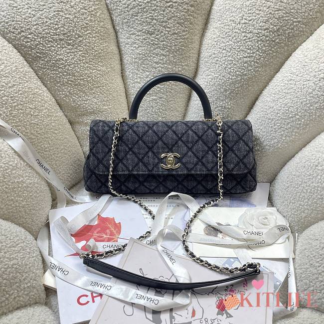 Kitlife Chanel 26P Horizontal Coco Handle Bag Black Denim 32cm - 1