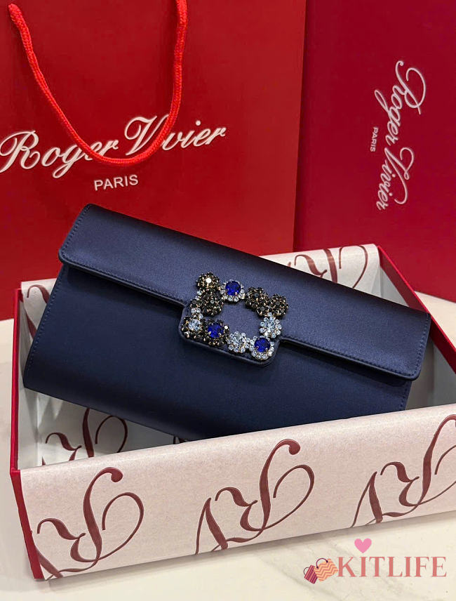 Kitlife Roger Vivier Satin Efflorescence Envelope Clutch Bag Dark Blue 24x3x13cm  - 1
