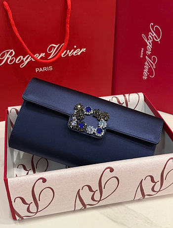 Kitlife Roger Vivier Satin Efflorescence Envelope Clutch Bag Dark Blue 24x3x13cm 