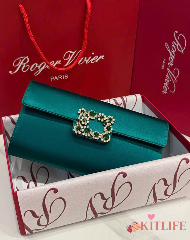 Kitlife Roger Vivier Satin Efflorescence Envelope Clutch Bag Green 24x3x13cm  - 1