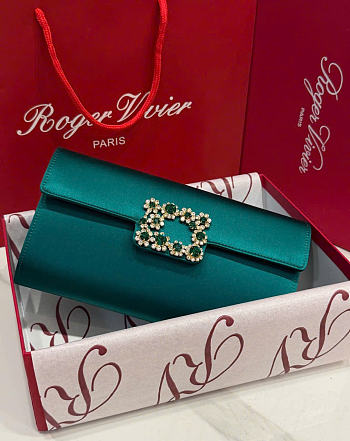 Kitlife Roger Vivier Satin Efflorescence Envelope Clutch Bag Green 24x3x13cm 