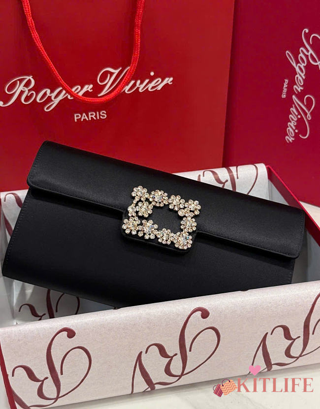 Kitlife Roger Vivier Satin Efflorescence Envelope Clutch Bag Black 24x3x13cm - 1