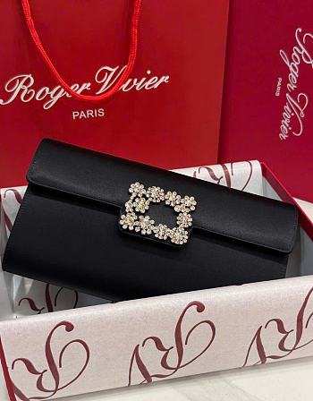 Kitlife Roger Vivier Satin Efflorescence Envelope Clutch Bag Black 24x3x13cm