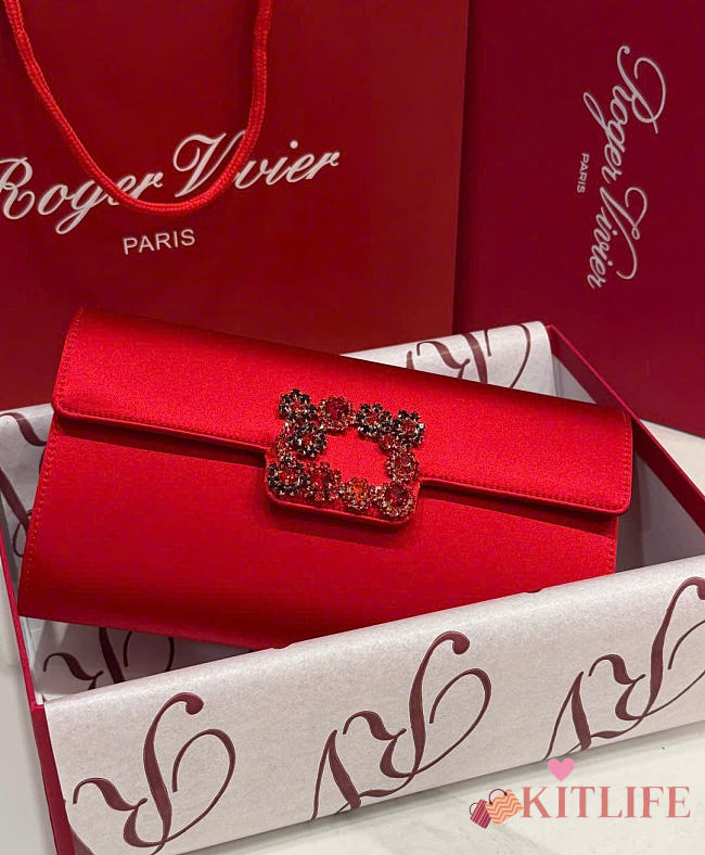 Kitlife Roger Vivier Satin Efflorescence Envelope Clutch Bag Red 24x3x13cm  - 1