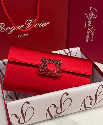 Kitlife Roger Vivier Satin Efflorescence Envelope Clutch Bag Red 24x3x13cm 