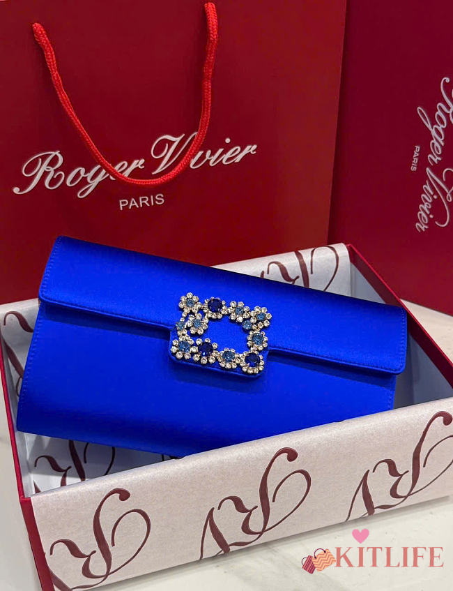 Kitlife Roger Vivier Satin Efflorescence Envelope Clutch Bag Blue 24x3x13cm - 1