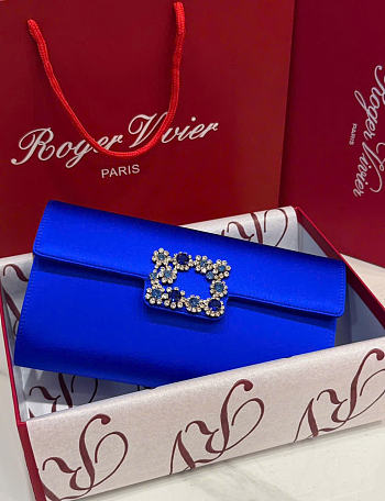 Kitlife Roger Vivier Satin Efflorescence Envelope Clutch Bag Blue 24x3x13cm