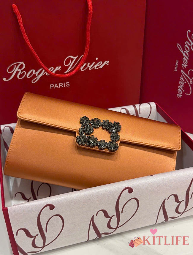 Kitlife Roger Vivier Satin Efflorescence Envelope Clutch Bag Caramel Orange 24x3x13cm  - 1