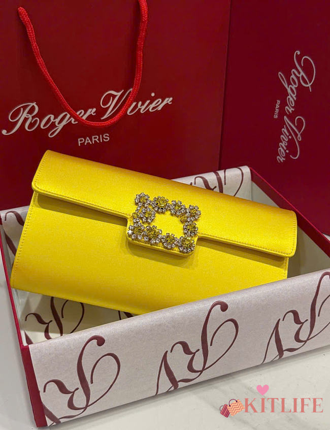 Kitlife Roger Vivier Satin Efflorescence Envelope Clutch Bag Yellow 24x3x13cm  - 1