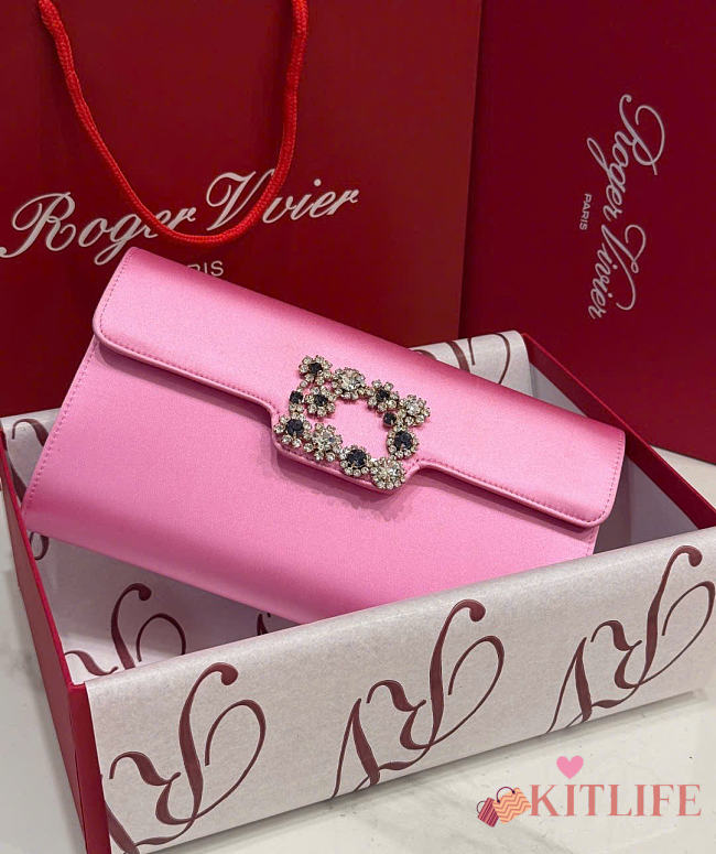 Kitlife Roger Vivier Satin Efflorescence Envelope Clutch Bag Pink 24x3x13cm - 1