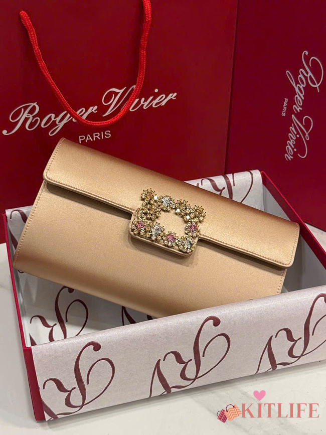 Kitlife Roger Vivier Satin Efflorescence Envelope Clutch Bag Gold 24x3x13cm - 1