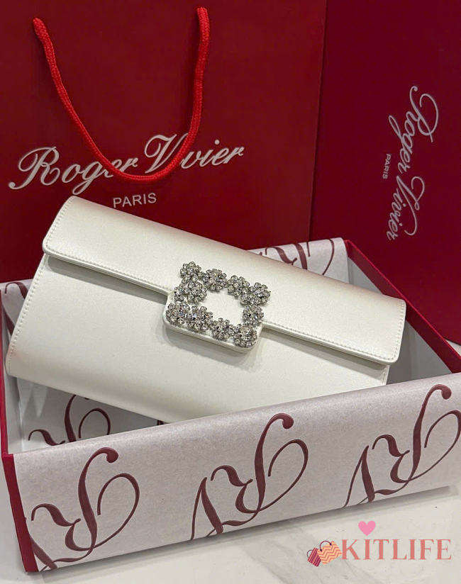 Kitlife Roger Vivier Satin Efflorescence Envelope Clutch Bag White 24x3x13cm - 1