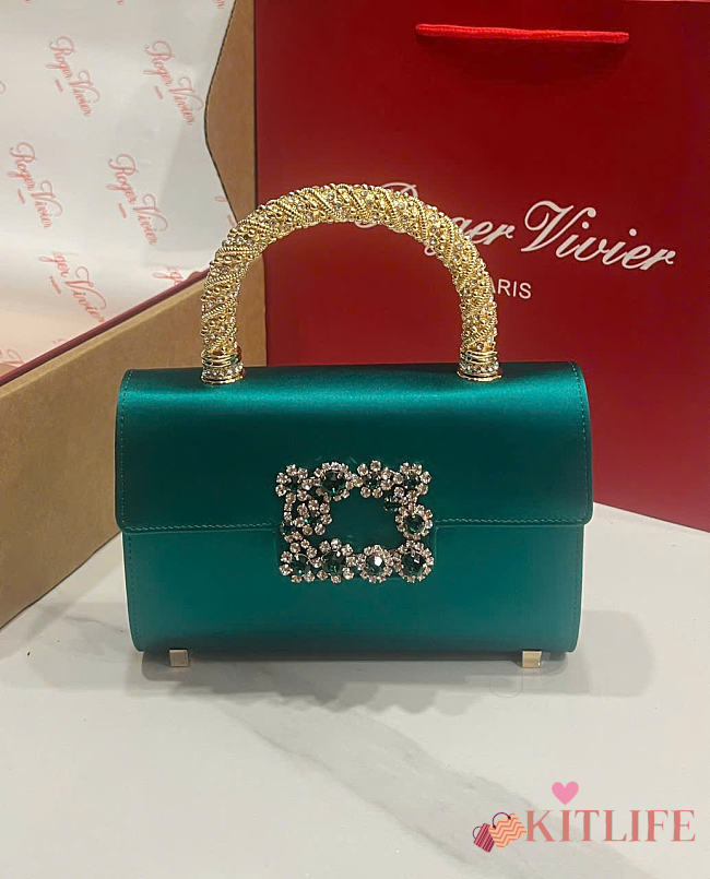 Kitlife Roger Vivier Jewel Efflorescence Mini Bag In Green Satin 24x3x13cm  - 1