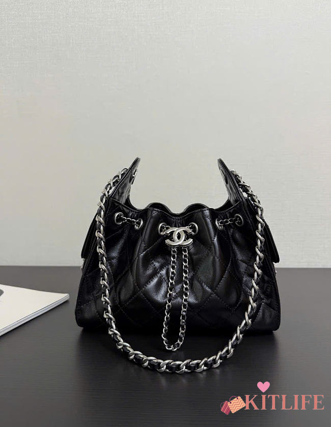 Kitlife Chanel 25C Drawstring Bucket Hobo Bag Black Leather Silver Hardware 22x21x10cm - 1