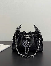 Kitlife Chanel 25C Drawstring Bucket Hobo Bag Black Leather Silver Hardware 22x21x10cm - 1