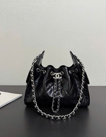 Kitlife Chanel 25C Drawstring Bucket Hobo Bag Black Leather Silver Hardware 22x21x10cm