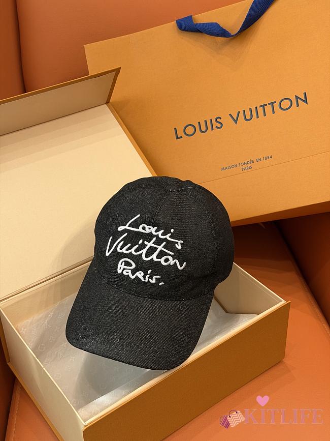 Kitlife Louis Vuitton Black Denim Baseball Cap with Handwritten Embroidery - 1