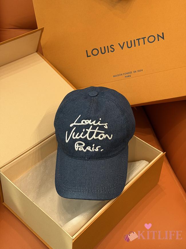 Kitlife Louis Vuitton Blue Denim Baseball Cap with Handwritten Embroidery  - 1