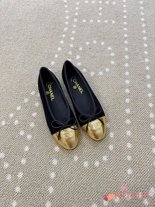 Kitlife Chanel Classic Ballet Flats Shoes Black & Gold - 1