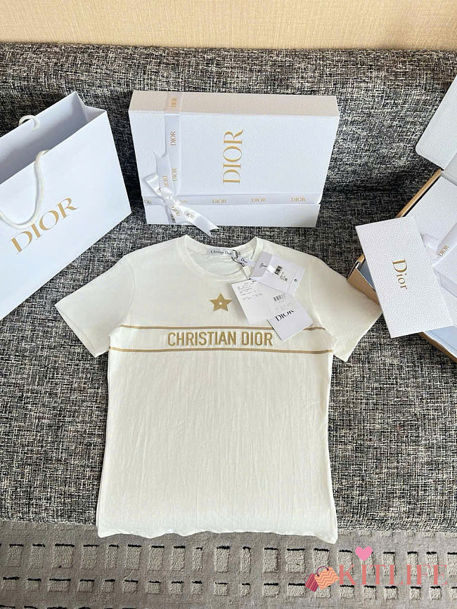 Kitlife Dior Embroidered T-Shirt White and Gold-Tone Cotton-Blend Jersey - 1
