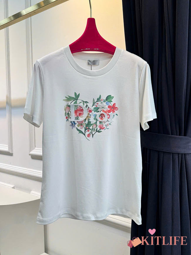 Kitlife Dior Dioramour Slim Fit T-Shirt White Cotton With Multicolored Floral & Heart Patterns - 1