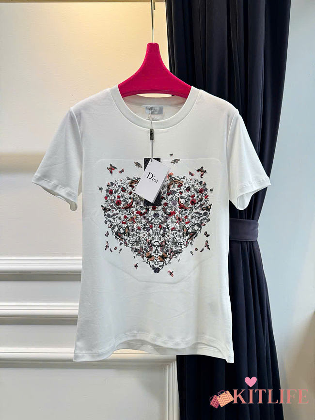 Kitlife Dior Heart, Floral, and Butterfly Print Crew Neck  T-Shirt White - 1