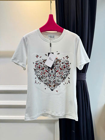 Kitlife Dior Heart, Floral, and Butterfly Print Crew Neck  T-Shirt White