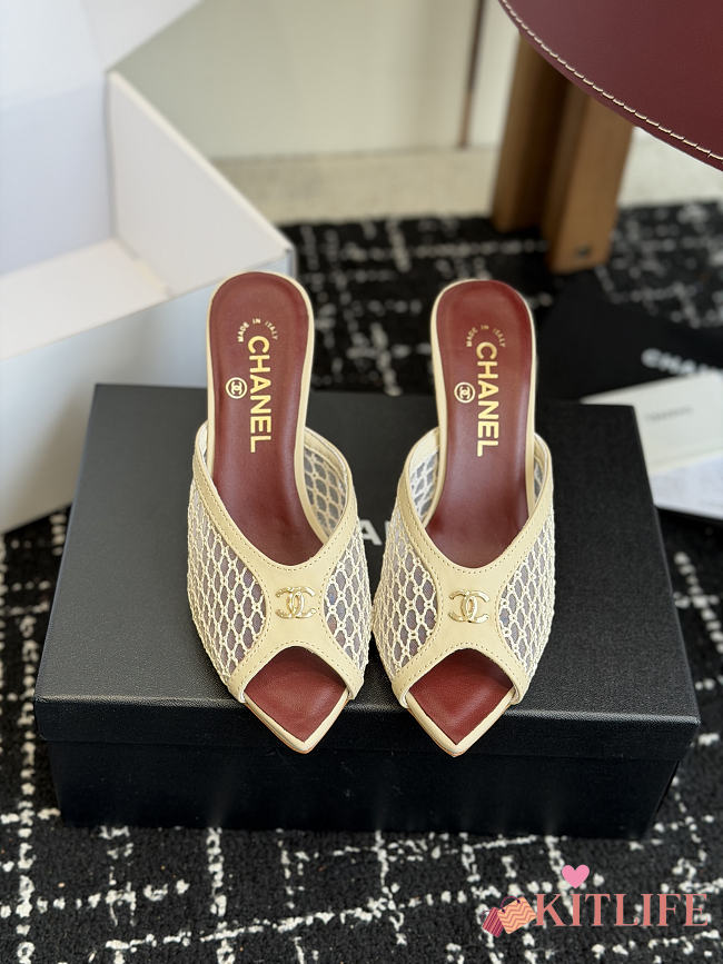 Kitlife Chanel Mesh Pointed-Toe High-Heeled Mule Sandals Beige  - 1