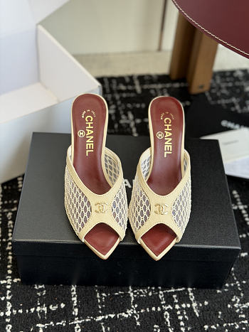 Kitlife Chanel Mesh Pointed-Toe High-Heeled Mule Sandals Beige 